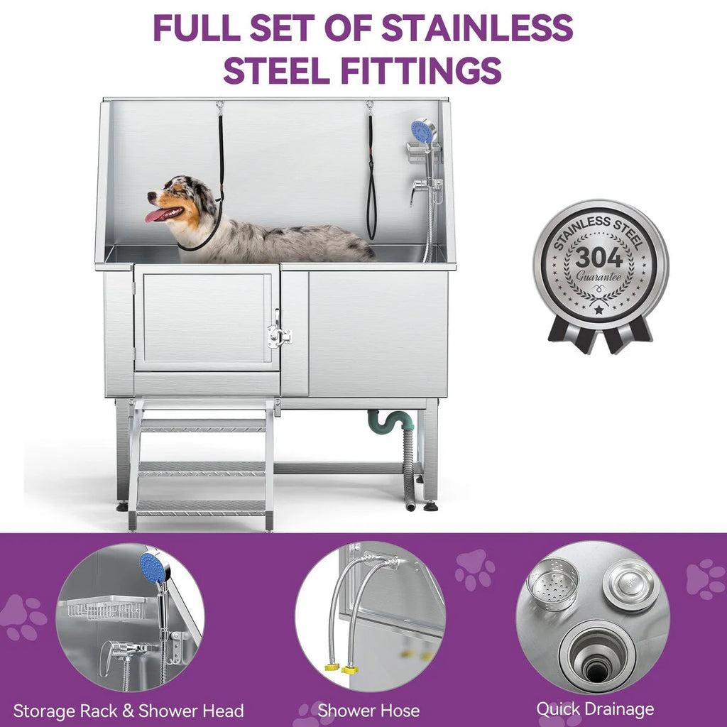 50'' W Stainless Steel Adjustable Pet Grooming Tub with Steps Ramp
