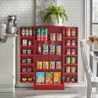 Buylateral Utility Pantry Red: Transitional Style, MDF Construction, 3 Adjustable Shelves, 10 Door Compartments