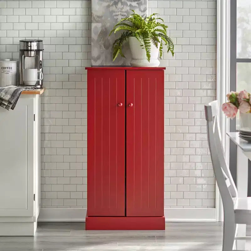 Buylateral Utility Pantry Red: Transitional Style, MDF Construction, 3 Adjustable Shelves, 10 Door Compartments