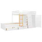 Full over Full Bunk Bed with Storage Wardrobe and Drawers, Full Size Wood Space-Saving Bunk Bed with Guardrail for Apartment, Bedroom