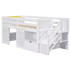 94.6L x 42.3W Solid Wood Twin Size Low Loft Bed With Stair, Drawer And Shelf, Modern & Clean Design
