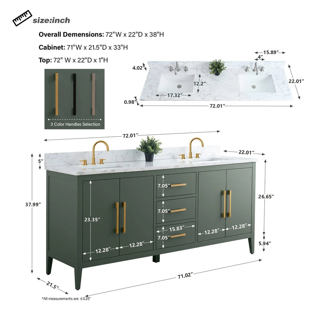 Vanity Art 72 Double Sink Bathroom Vanity Cabinet with Engineered Marble Top