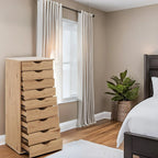 Étroite commode en bois à 9 tiroirs coulissants et étagère de rangement supérieure
