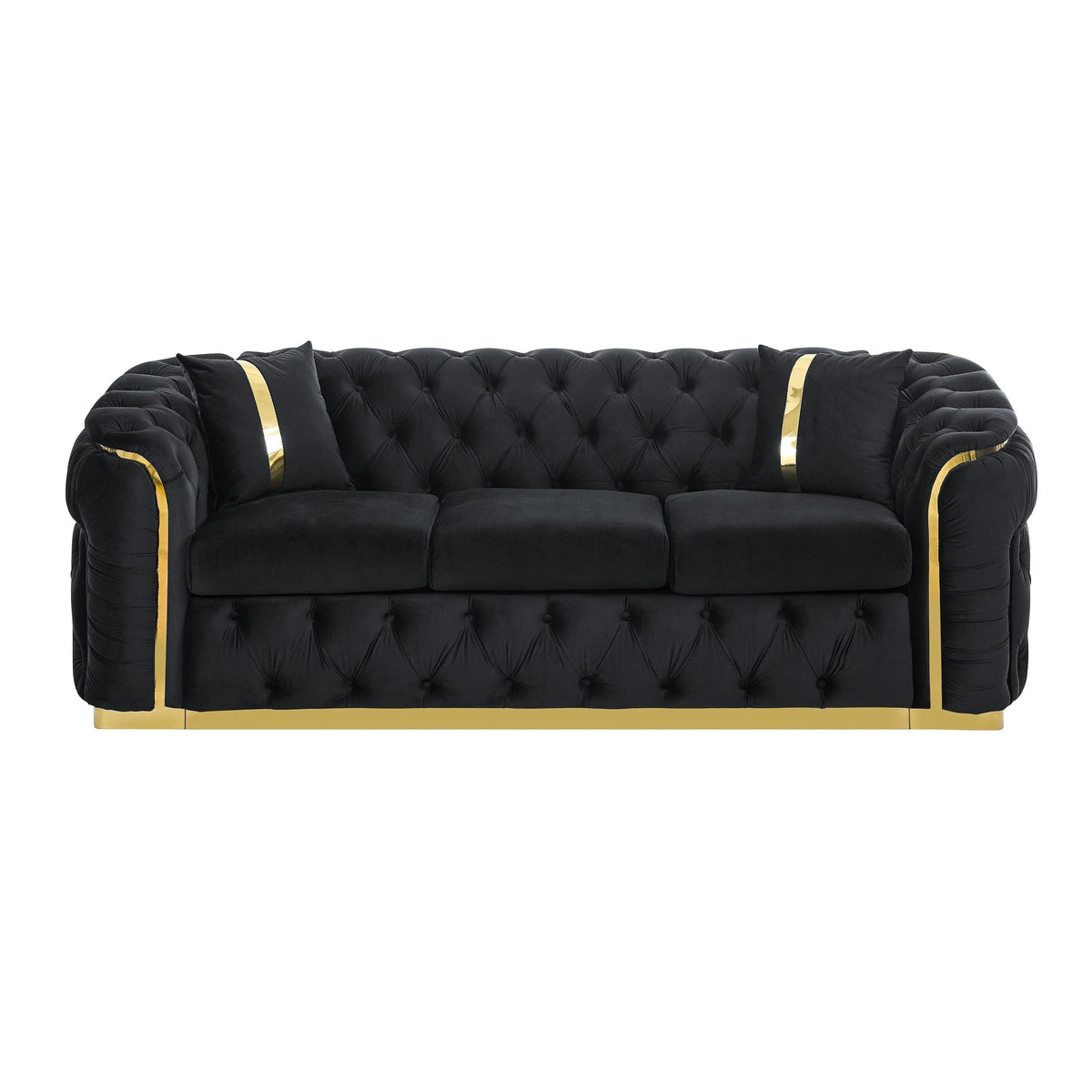 90.6 Velvet 3-Seater Sofa with 2 Pillows High-Density Cushions, Gold Accents, and Pillows