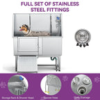 50'' W Stainless Steel Adjustable Pet Grooming Tub with Steps Ramp