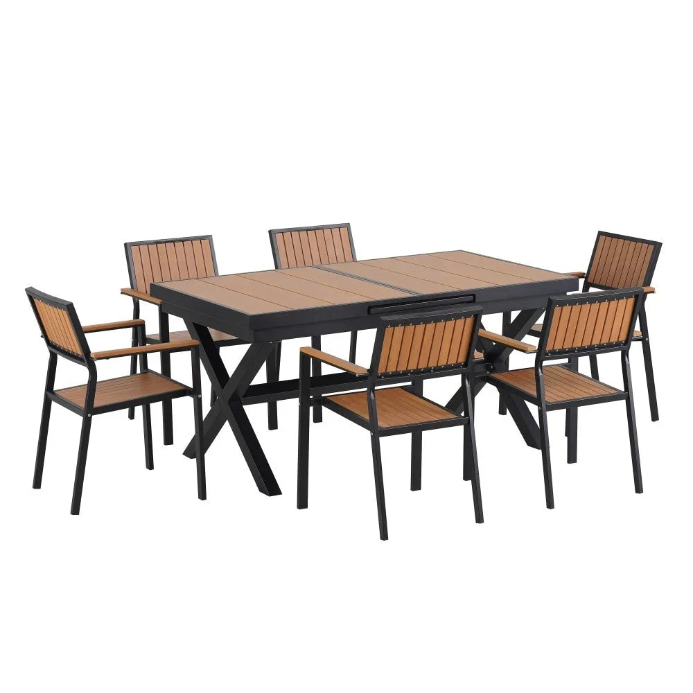 Modern Outdoor 7-piece Dining Set with Six Chairs and a Extendable Table for Patio