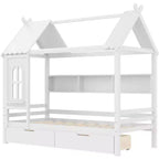 House Platform Bed with Storage Drawers and Window, Solid Wood Frame with Shelves, Childlike Fun Design, Light White