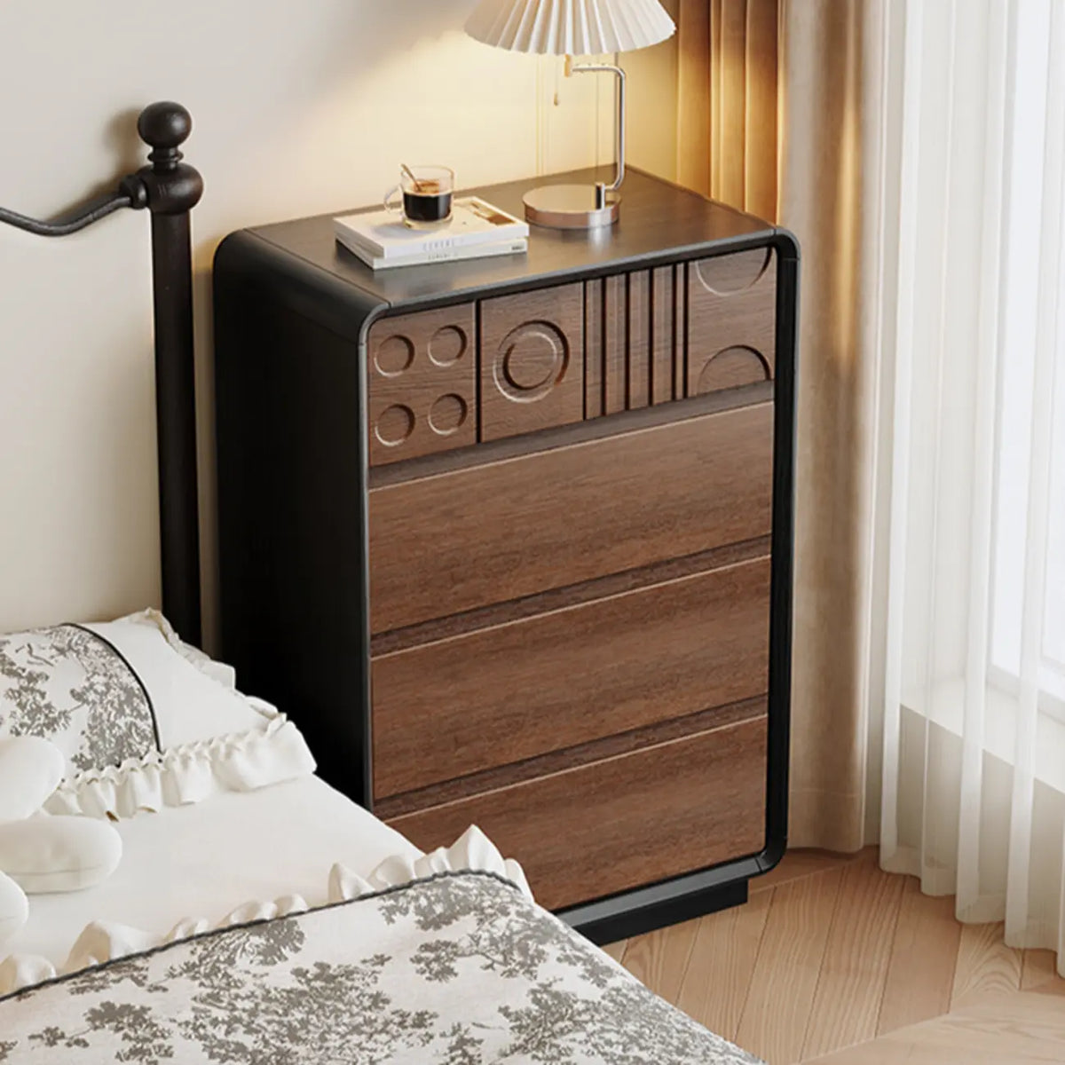 Art Deco Inspired Wood Dresser with Geometric Carvings
