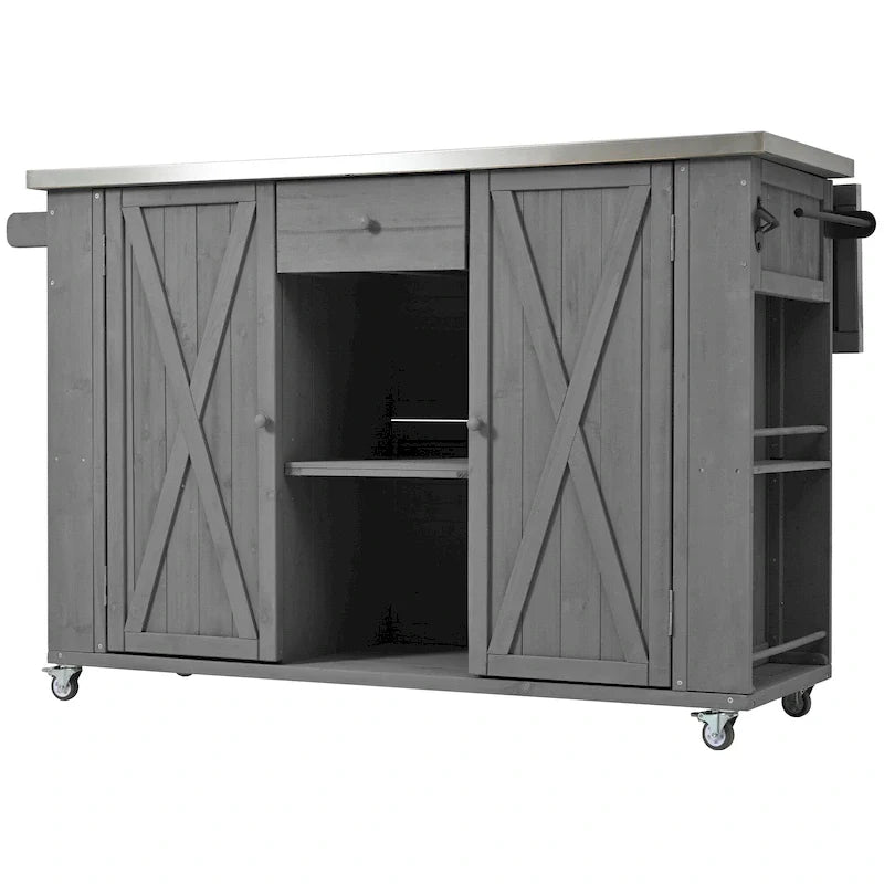 Isola da cucina per esterno, in legno di abete rustico con piano in acciaio inossidabile e vani intelligenti