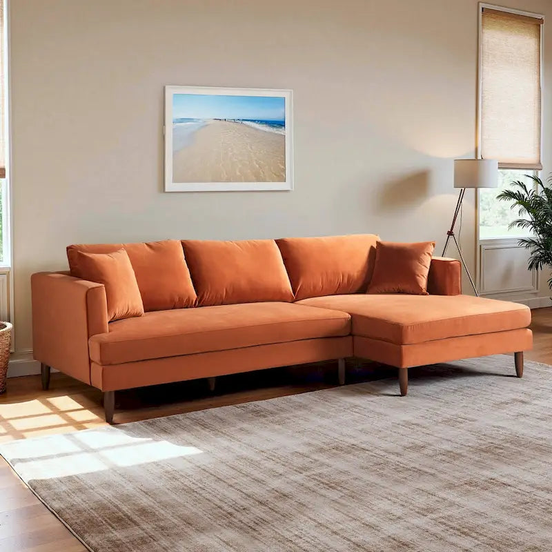 Divano sezionale in velluto Diana Mid-Century Modern a L con schienale a cuscini