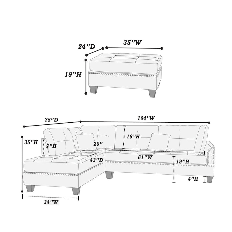 Set divano componibile reversibile a 3 pezzi rivestito in tessuto Bobkona Chaise