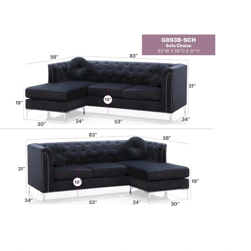Divano componibile Pompano da 83 pollici in velluto trapuntato con 2 cuscini decorativi - 83L x 58P x 31A