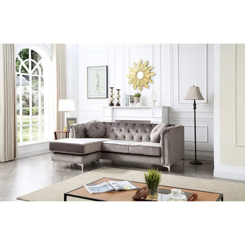 Divano componibile Pompano da 83 pollici in velluto trapuntato con 2 cuscini decorativi - 83L x 58P x 31A
