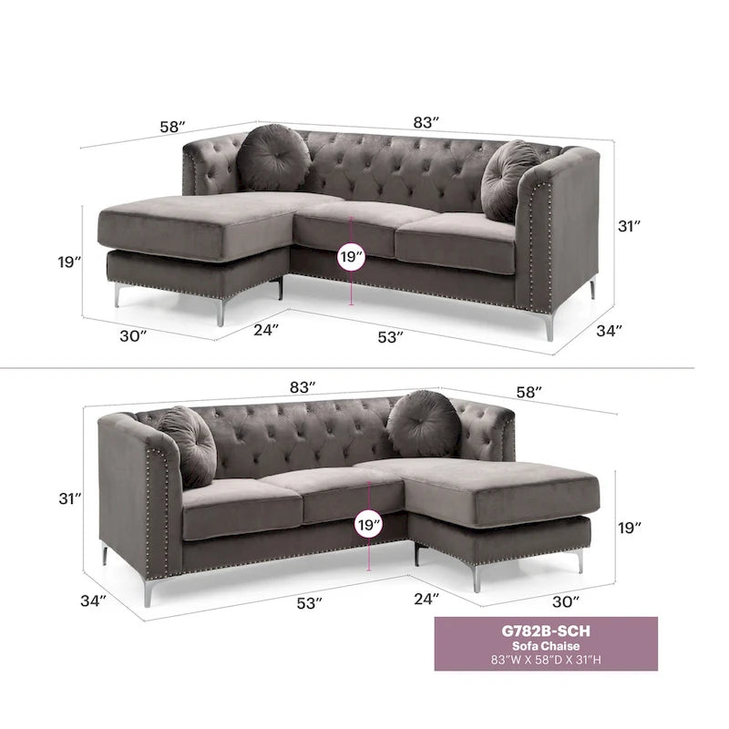 Divano componibile Pompano da 83 pollici in velluto trapuntato con 2 cuscini decorativi - 83L x 58P x 31A