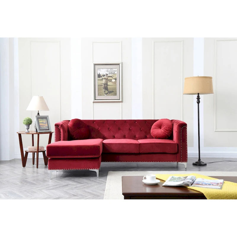 Divano componibile Pompano da 83 pollici in velluto trapuntato con 2 cuscini decorativi - 83L x 58P x 31A