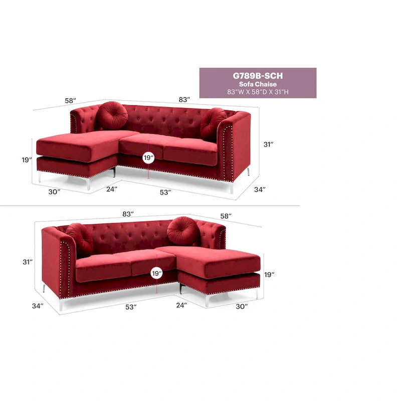 Divano componibile Pompano da 83 pollici in velluto trapuntato con 2 cuscini decorativi - 83L x 58P x 31A