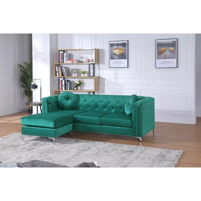 Divano componibile Pompano da 83 pollici in velluto trapuntato con 2 cuscini decorativi - 83L x 58P x 31A