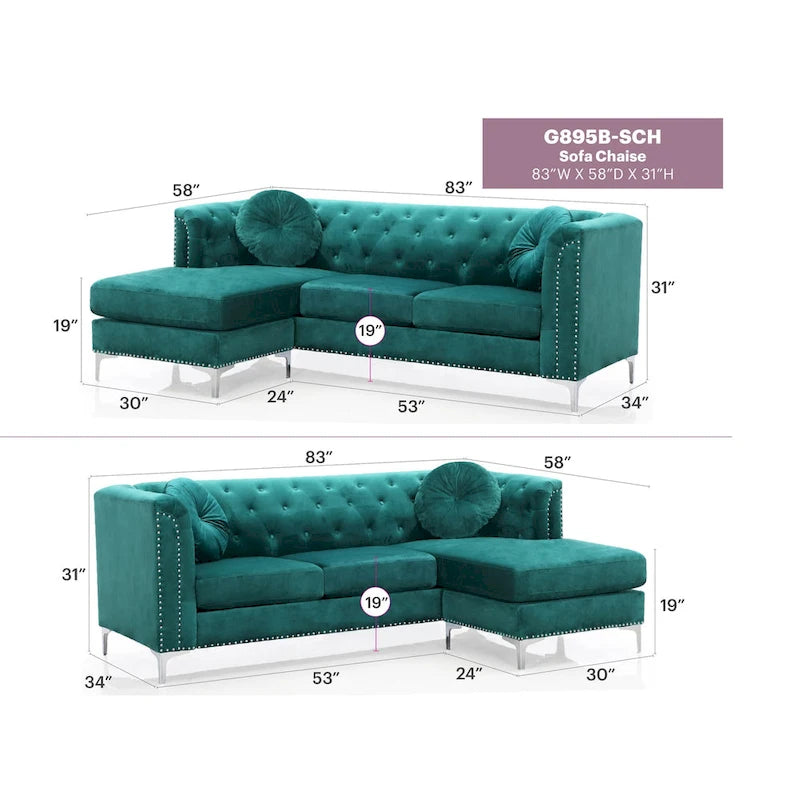 Divano componibile Pompano da 83 pollici in velluto trapuntato con 2 cuscini decorativi - 83L x 58P x 31A
