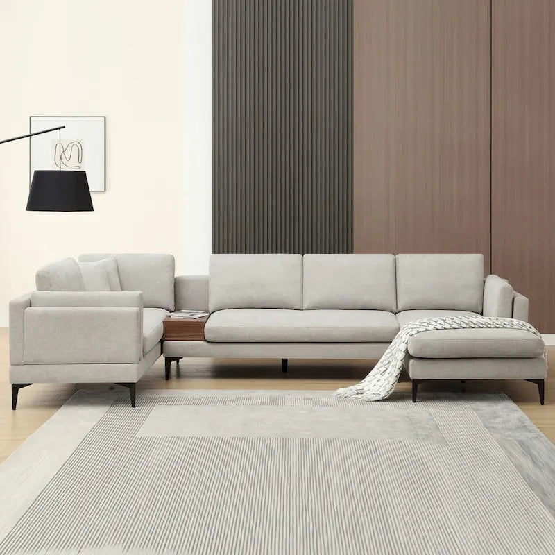 Modular U-shaped Linen Reversible Sofa with a Wooden Side Table Box and Reversible Design