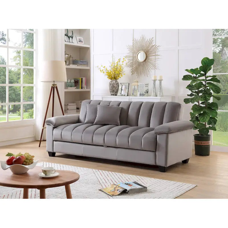 83 Comodo divano letto convertibile in velluto con contenitore.