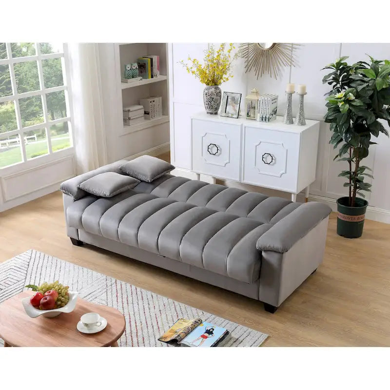 83 Comodo divano letto convertibile in velluto con contenitore.