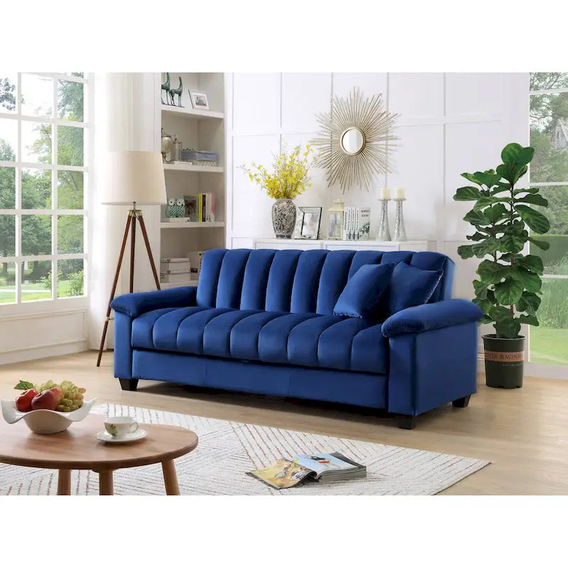 83 Comodo divano letto convertibile in velluto con contenitore.