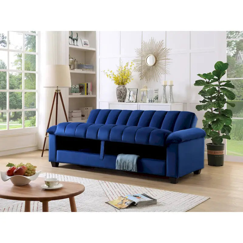 83 Comodo divano letto convertibile in velluto con contenitore.