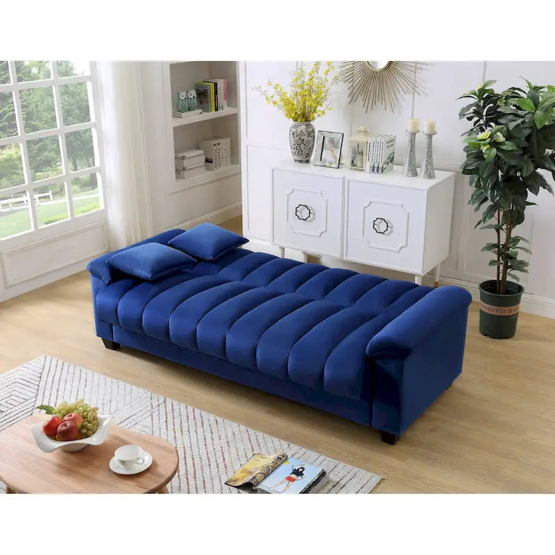 83 Comodo divano letto convertibile in velluto con contenitore.
