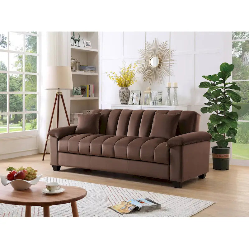 83 Comodo divano letto convertibile in velluto con contenitore.