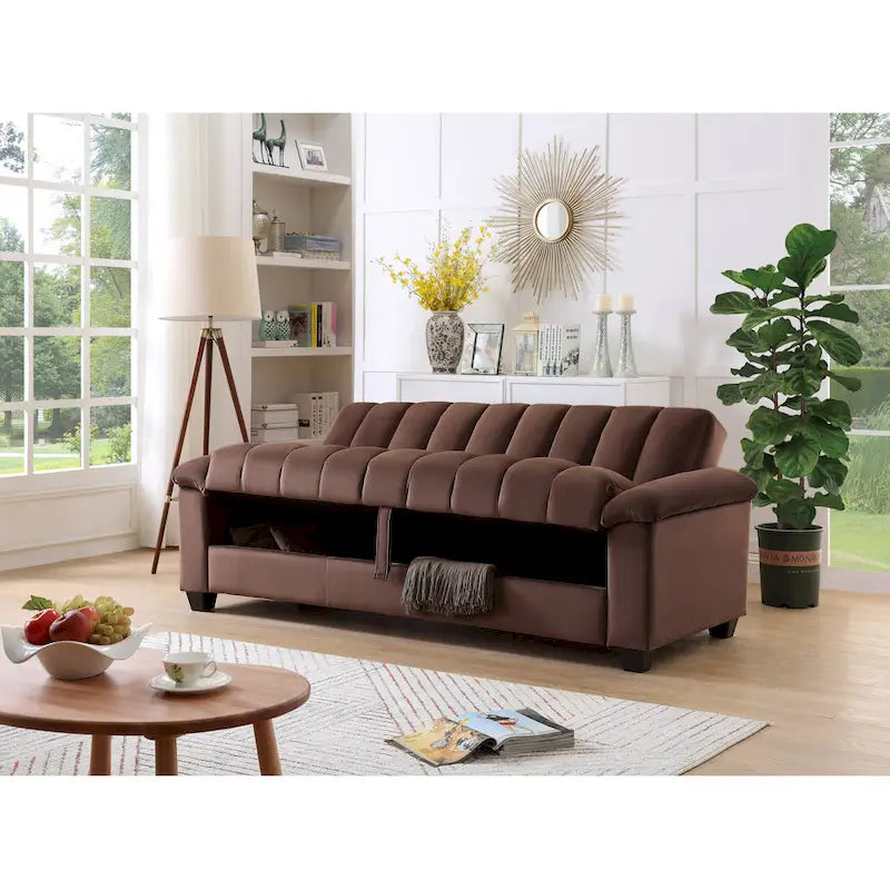 83 Comodo divano letto convertibile in velluto con contenitore.