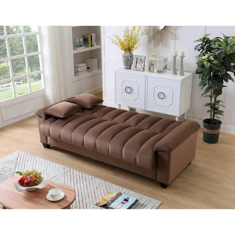 83 Comodo divano letto convertibile in velluto con contenitore.