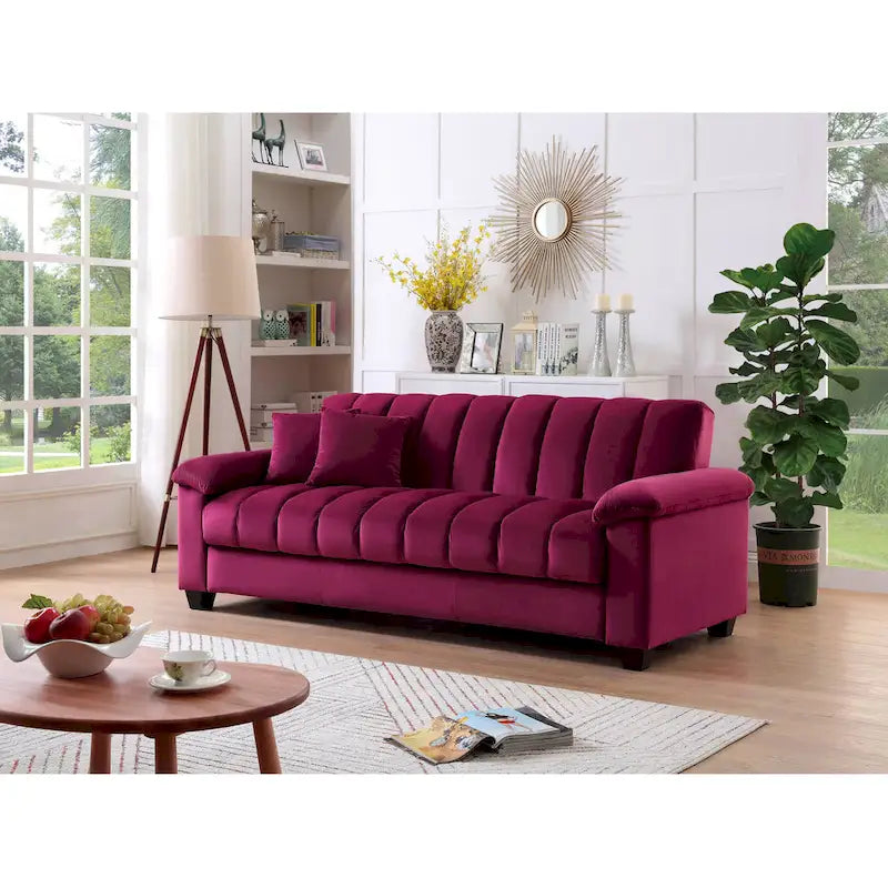 83 Comodo divano letto convertibile in velluto con contenitore.