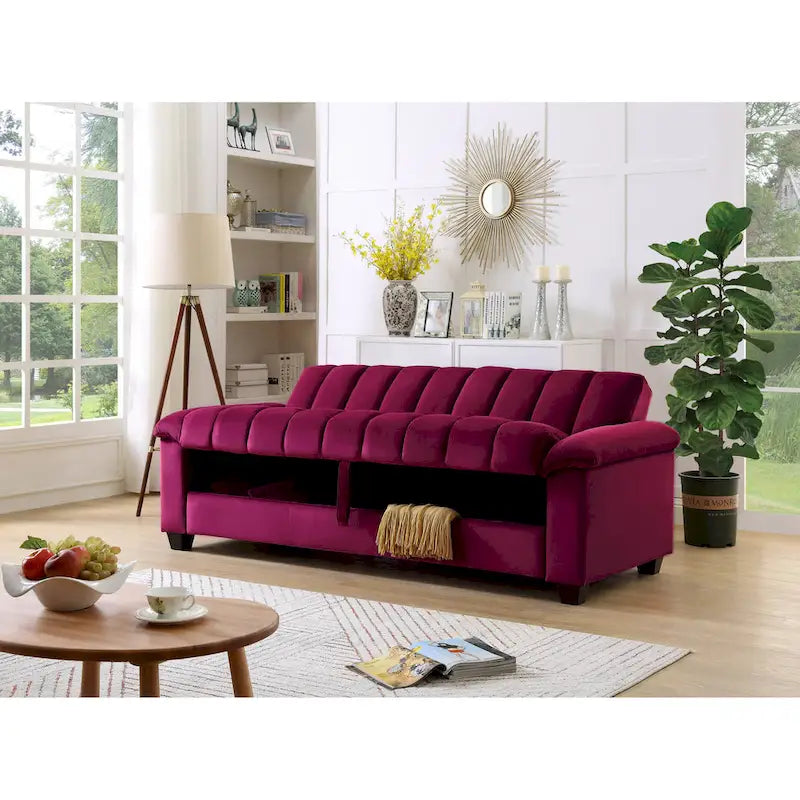 83 Comodo divano letto convertibile in velluto con contenitore.