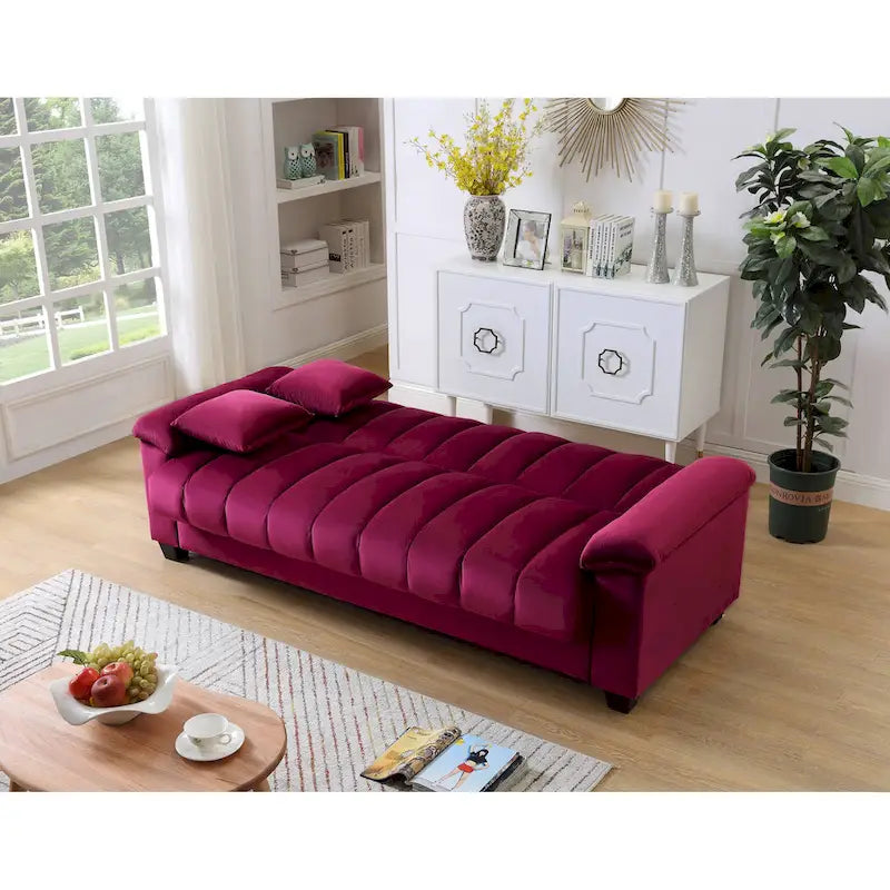 83 Comodo divano letto convertibile in velluto con contenitore.