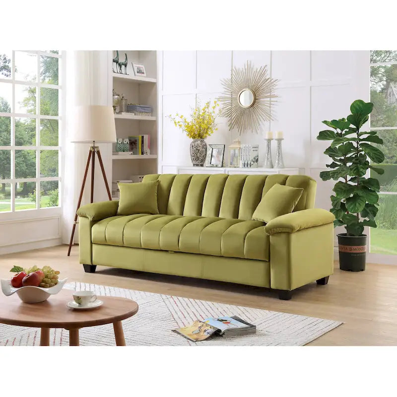 83 Comodo divano letto convertibile in velluto con contenitore.