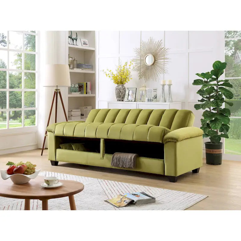 83 Comodo divano letto convertibile in velluto con contenitore.
