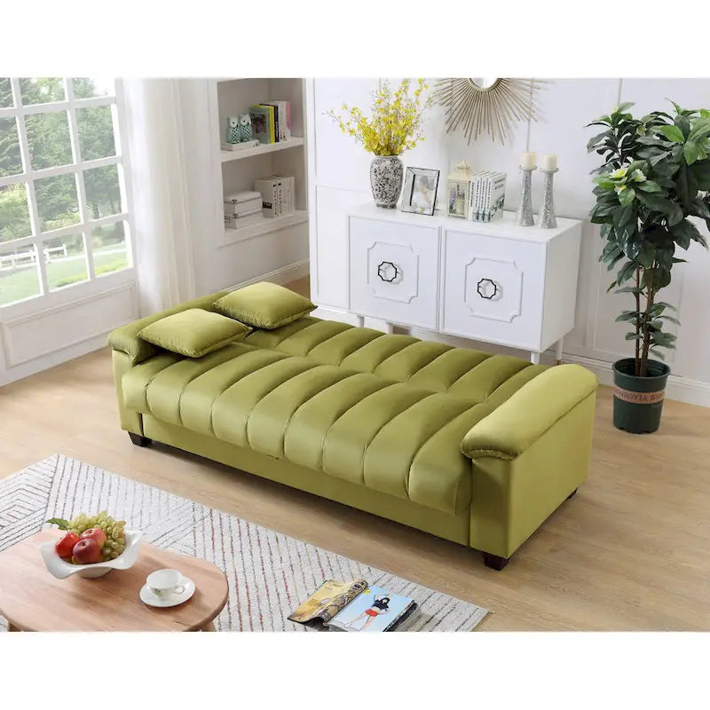 83 Comodo divano letto convertibile in velluto con contenitore.