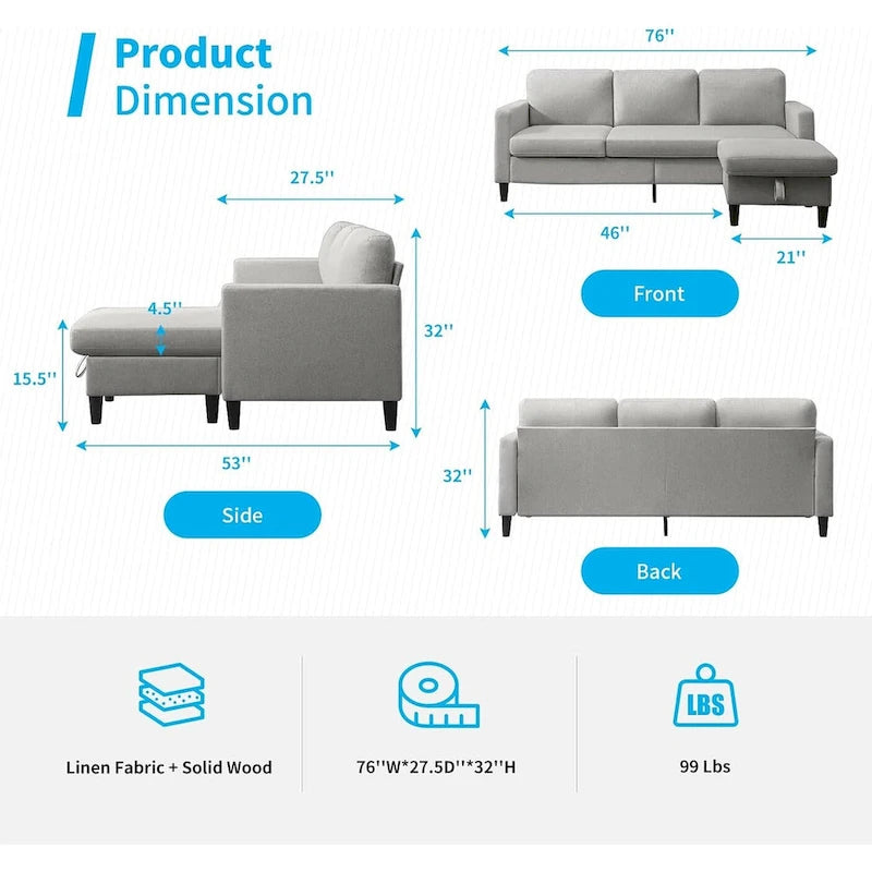 Divano componibile Mixoy Convertible con pouf contenitore, chaise longue reversibile