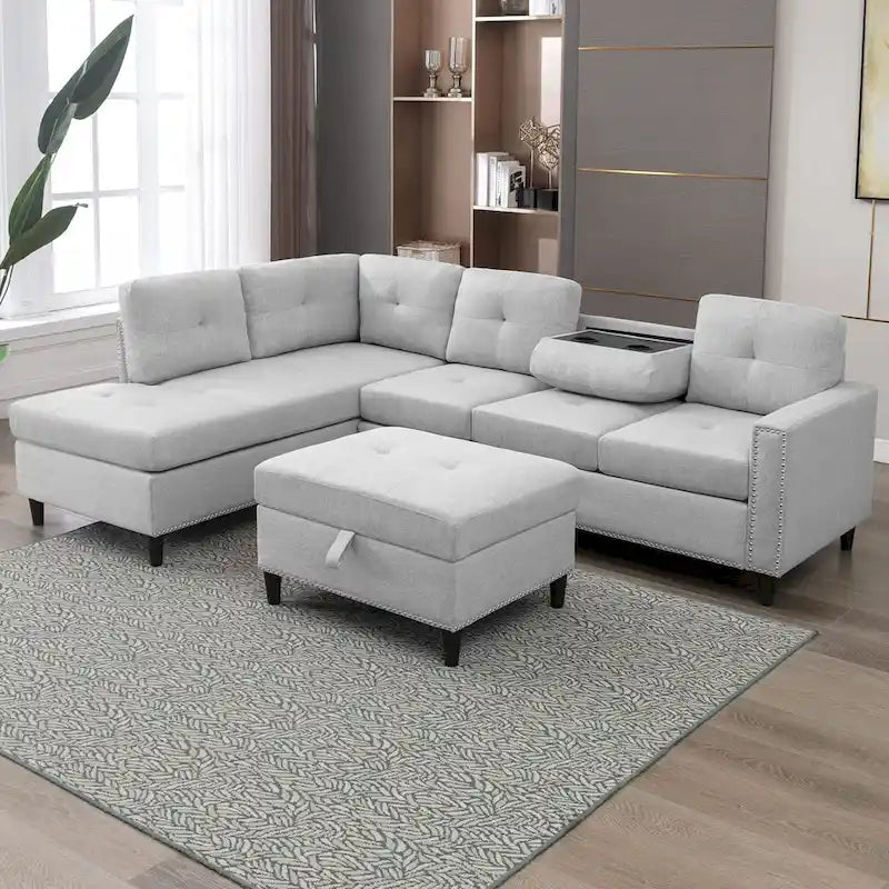 Divano componibile a L Mixoy con 2 portabicchieri, pouf contenitore