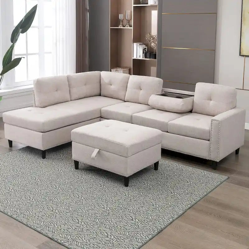 Divano componibile a L Mixoy con 2 portabicchieri, pouf contenitore