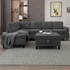 Divano componibile a L Mixoy con 2 portabicchieri, pouf contenitore