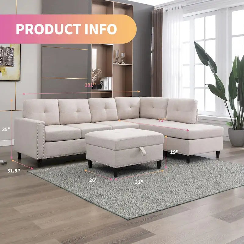 Divano componibile a L Mixoy con 2 portabicchieri, pouf contenitore