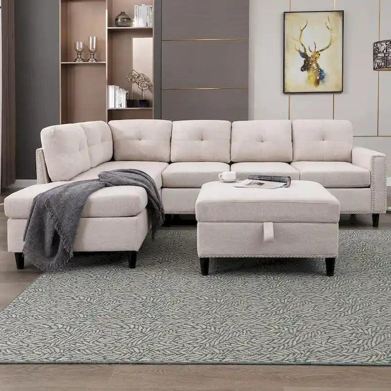 Divano componibile a L Mixoy con 2 portabicchieri, pouf contenitore