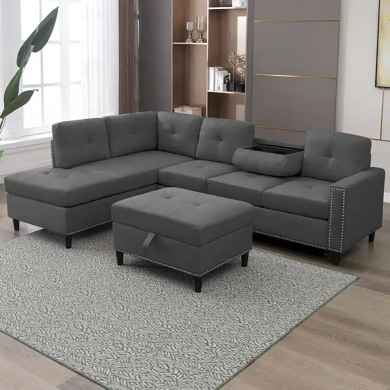 Divano componibile a L Mixoy con 2 portabicchieri, pouf contenitore