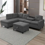 Divano componibile a L Mixoy con 2 portabicchieri, pouf contenitore