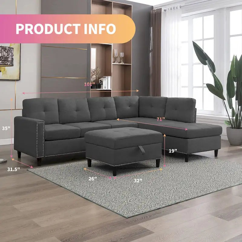 Divano componibile a L Mixoy con 2 portabicchieri, pouf contenitore