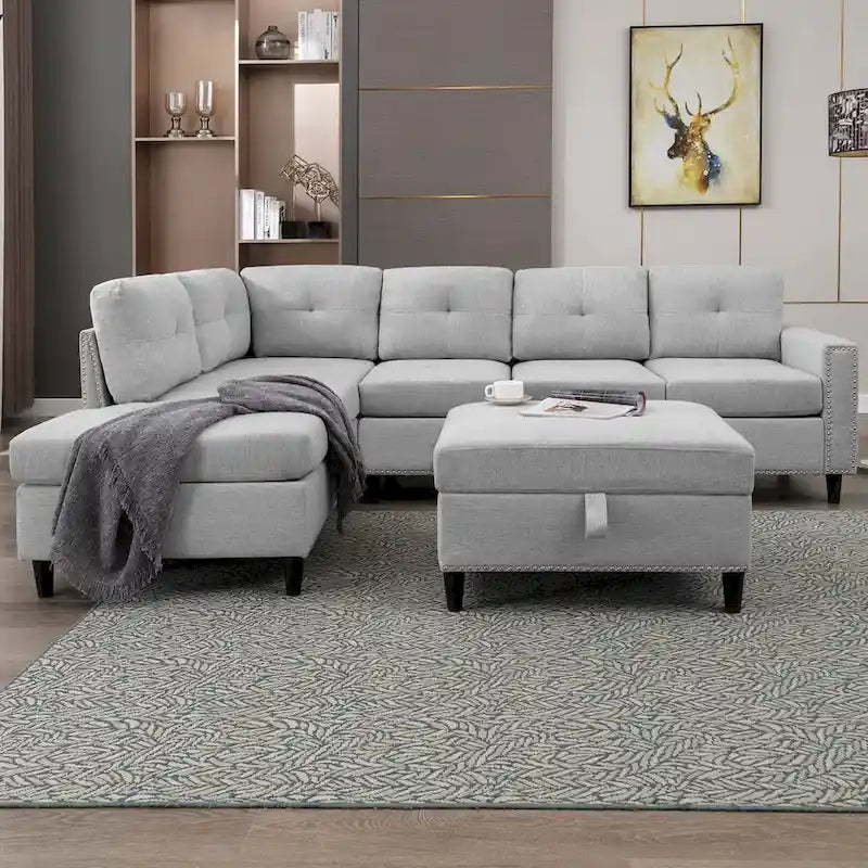Divano componibile a L Mixoy con 2 portabicchieri, pouf contenitore
