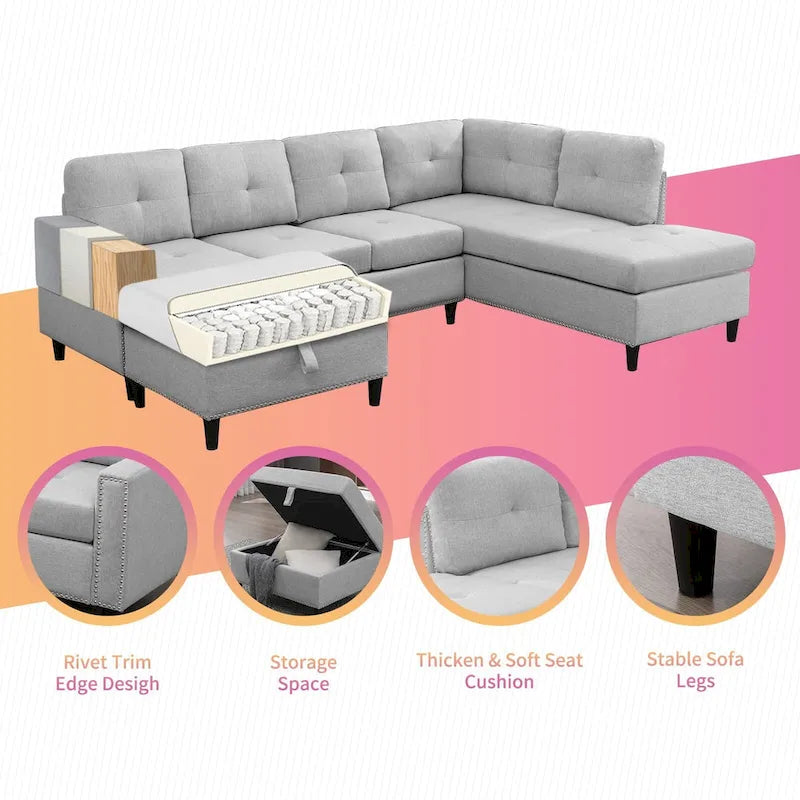 Divano componibile a L Mixoy con 2 portabicchieri, pouf contenitore