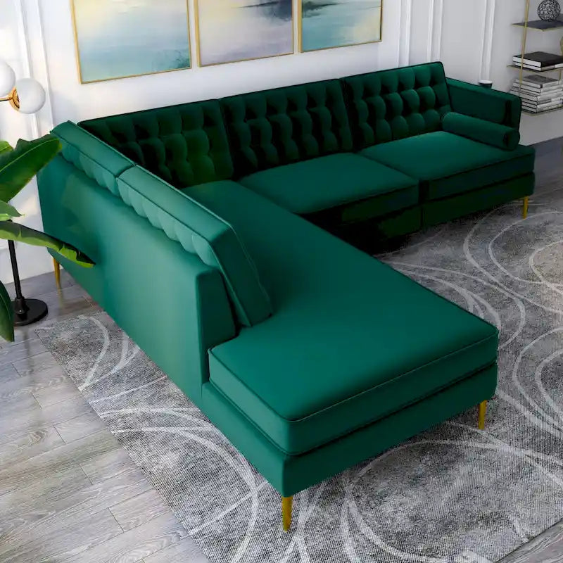 Divano Sezionale ad Angolo Caterina in Velluto Trapuntato Moderno per Soggiorno, Verde Scuro