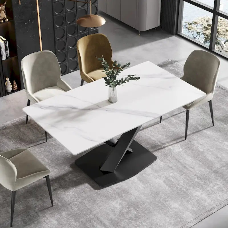 63Modern Dining Table, Tavolo da pranzo con piano in pietra sinterizzata bianca e base in acciaio Moran Violet - N/A